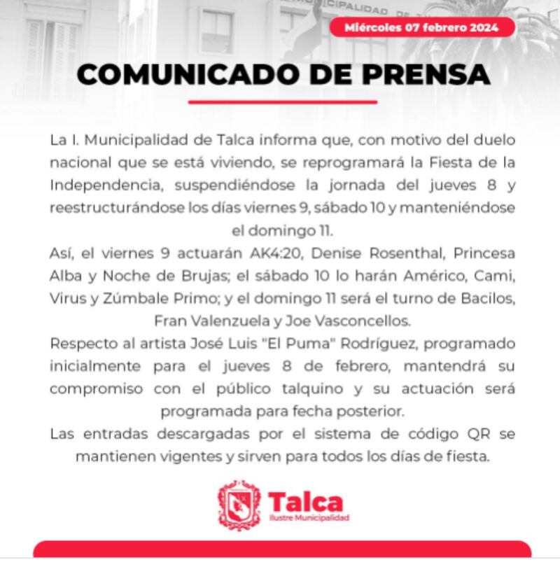 Fiesta de la Independencia de Talca: Municipalidad anuncia cambios