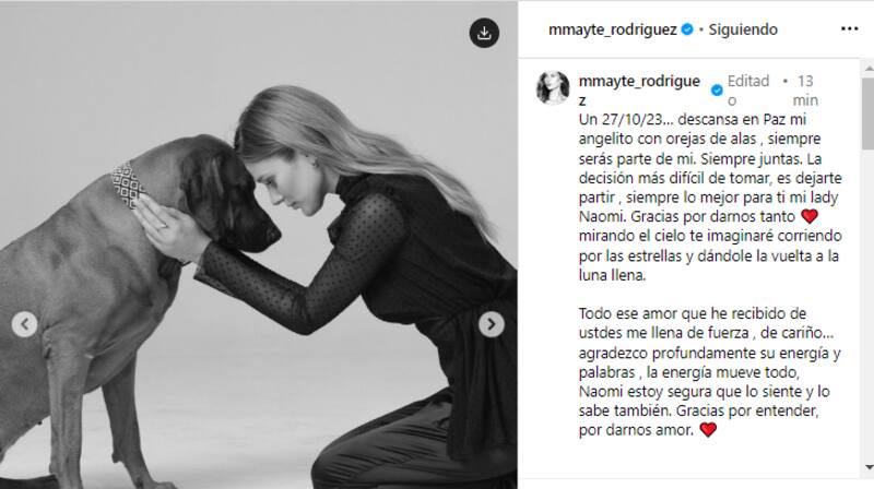 Mayte Rodríguez se despide de su perrita, Naomi