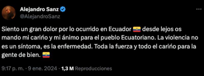 Alejandro Sanz entregó un mensaje de apoyo a Ecuador.