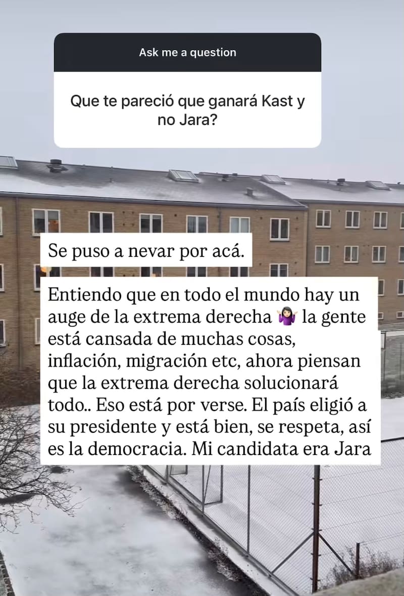 La chica reality criticó la llegada de Kast a la presidencia de Chile.