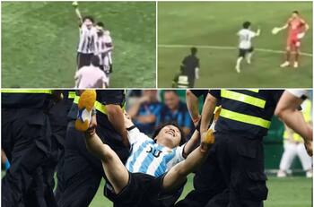 Hincha invadió la cancha, abrazó a Lionel Messi, saludó a Dibu Martínez y fue expulsado entre seis guardias