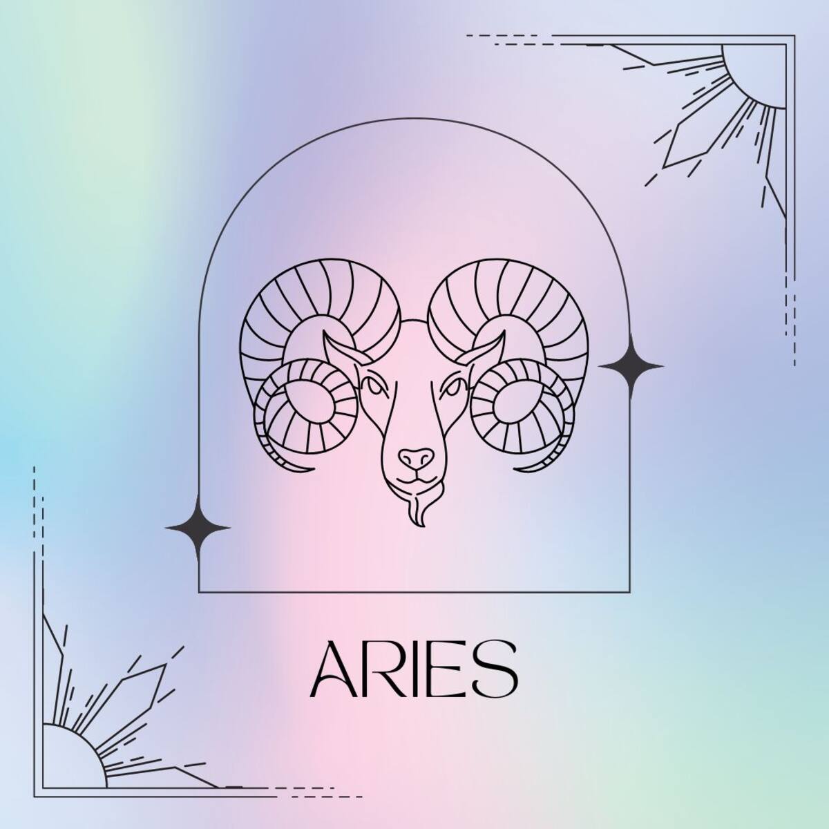 Dibujado en negro, el símbolo de Aries aparece enmarcado sobre un fondo de suaves colores pastel.