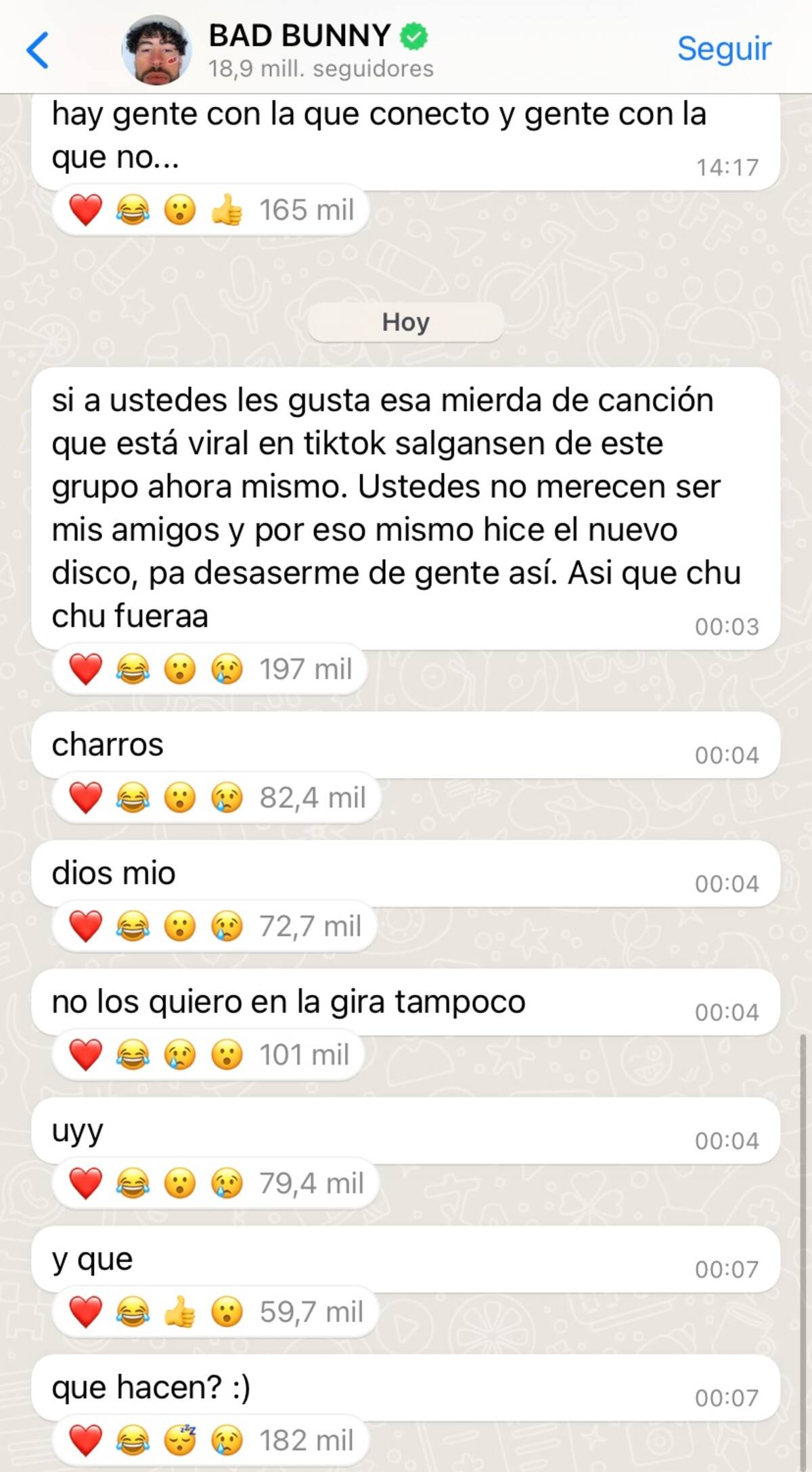 El mensaje de Bad Bunny. Foto: WhatsApp.