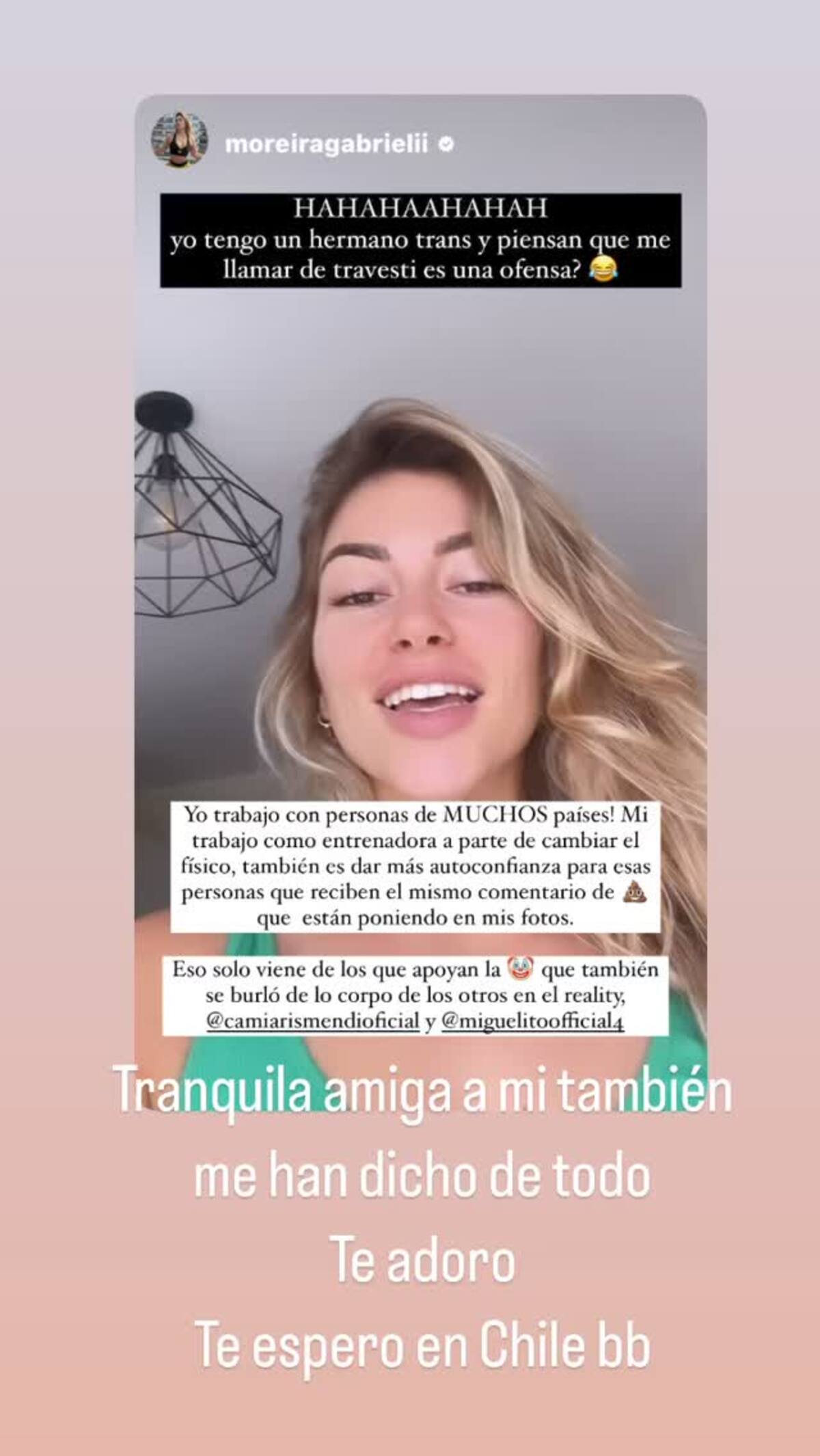 Camila Arismendi apoya a Gabrieli Moreira en Instagram