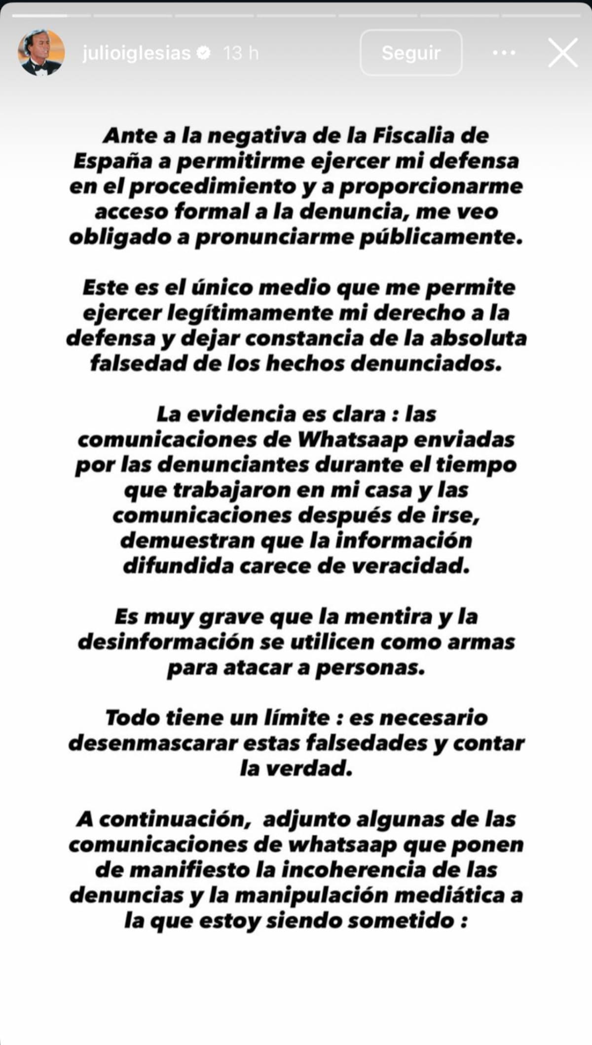 La defensa del artista tras problemas con Fiscalía.
Foto: Instagram @julioiglesias