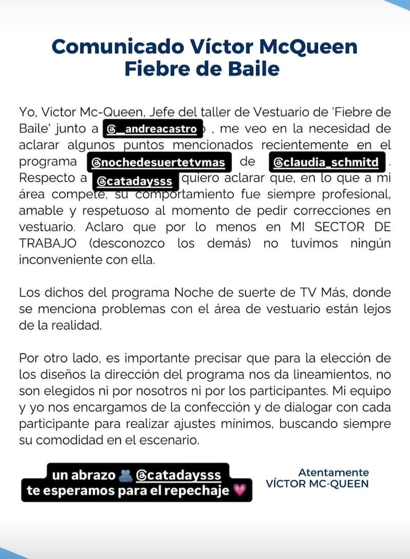 Equipo de Fiebre de Baile desmiente versión. de Claudia Schmidt.