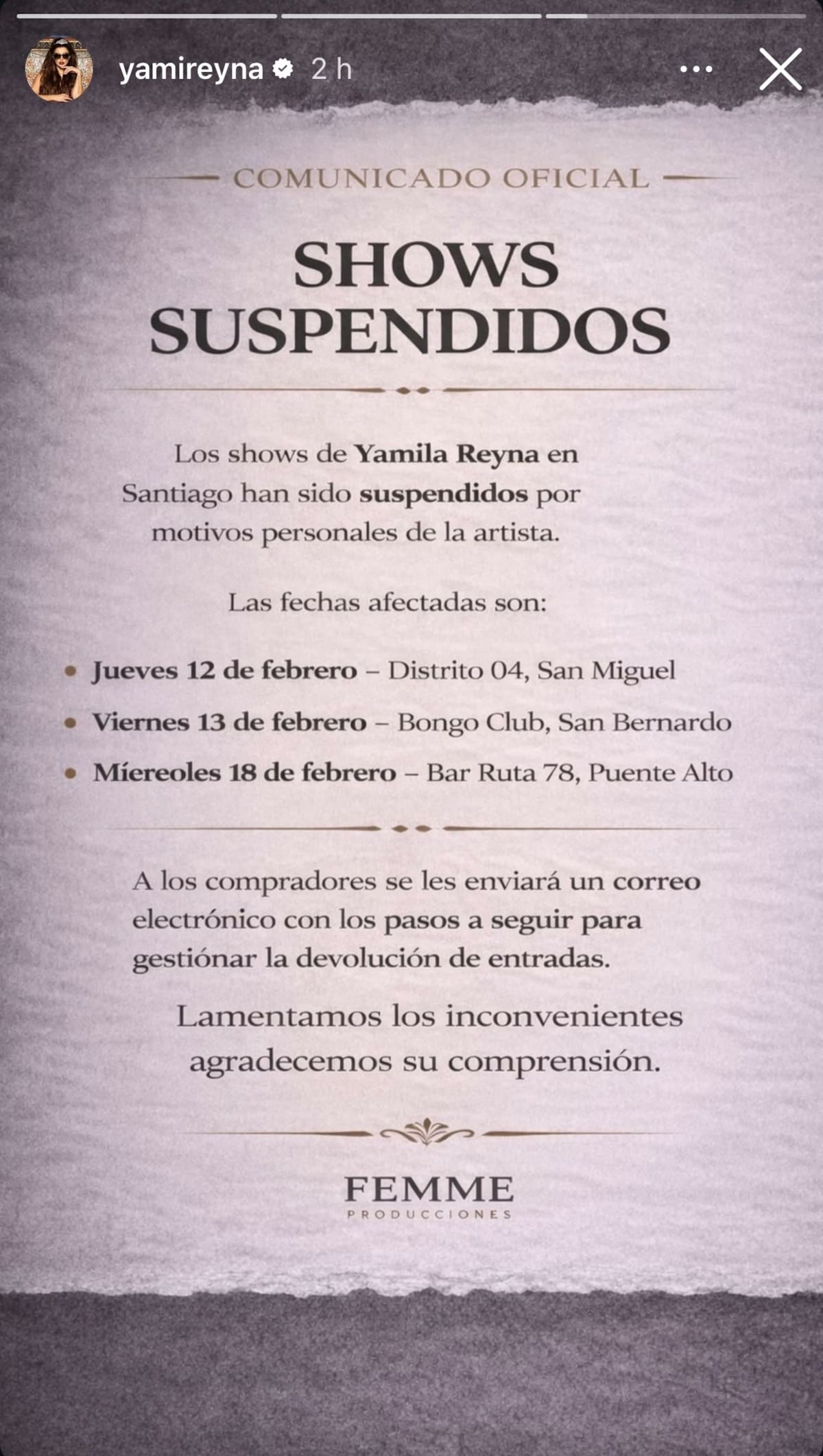Explicando que Yamila se baja de sus próximos shows de stand up. Foto: @YamiReyna en Instagram