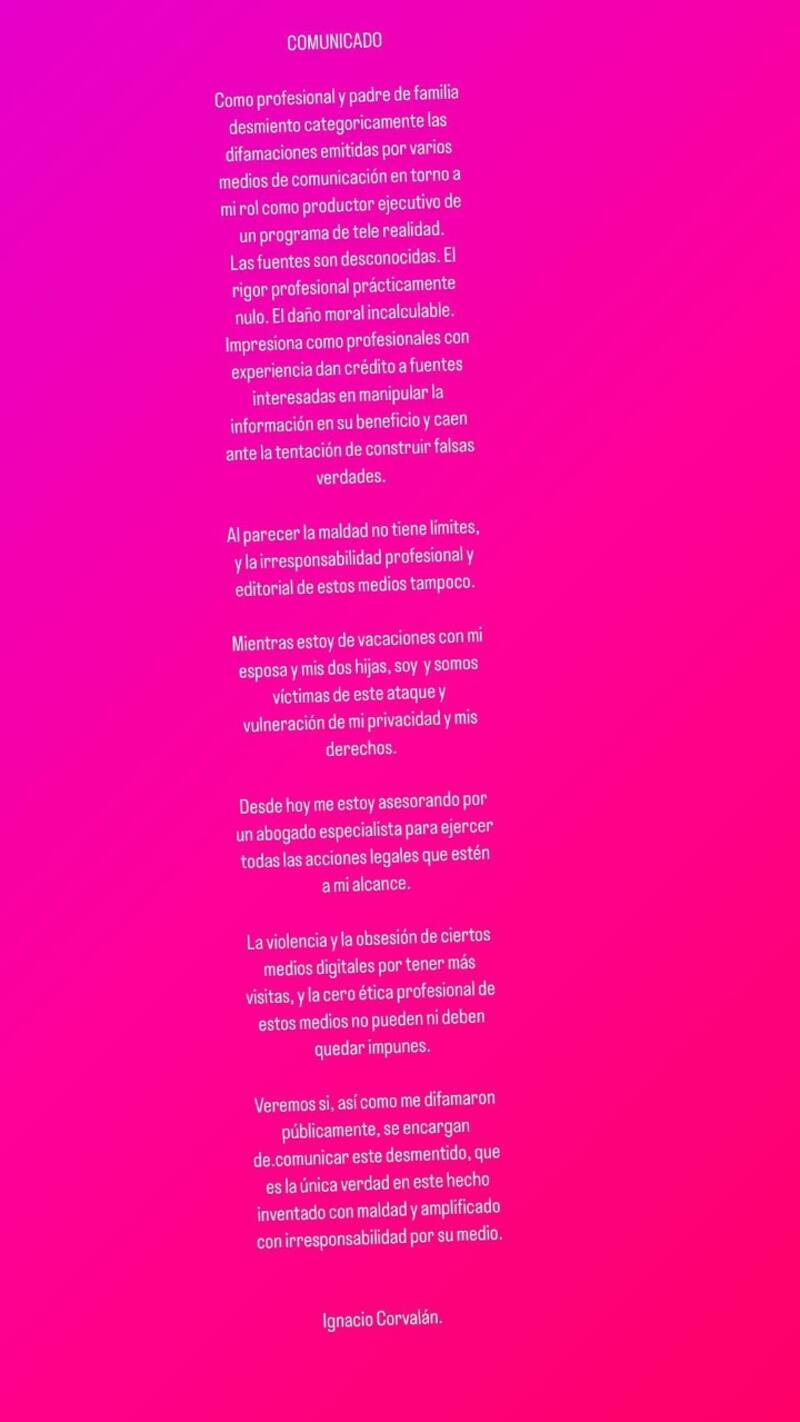 Ignacio Corvalán emitió un comunicado desmintiendo romance con Chama.