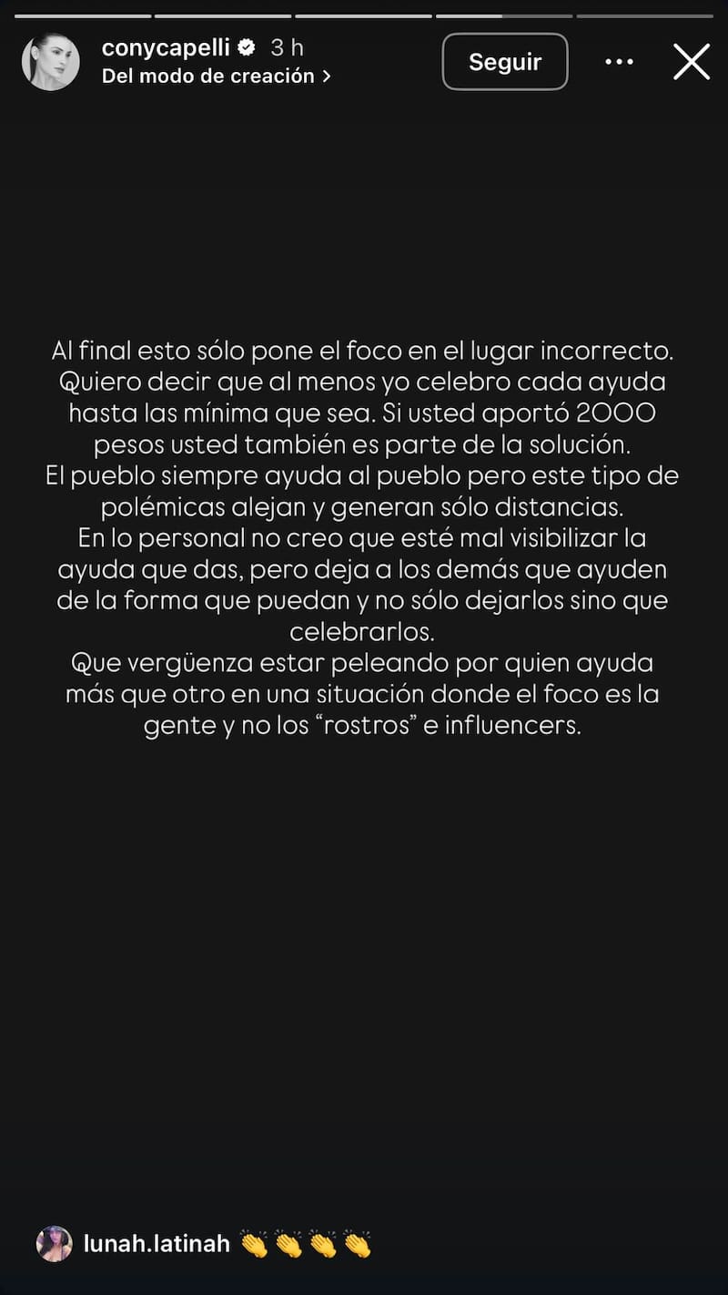 Respuesta hacia Naya Fácil tras criticarla por no ayudar a damnificados.
Foto: Instagram @conycapelli