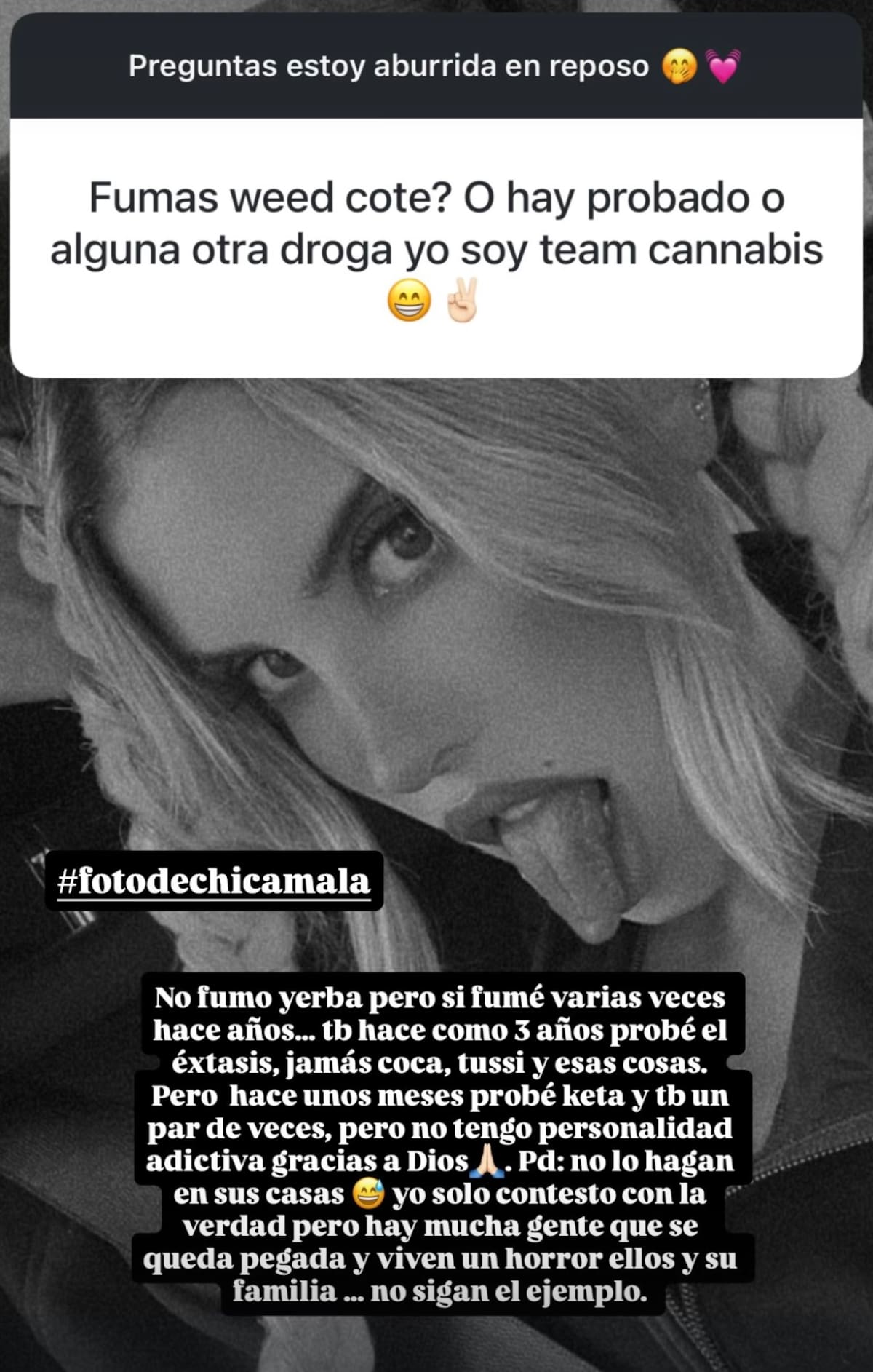 La modelo habló sobre su relación con las drogas.