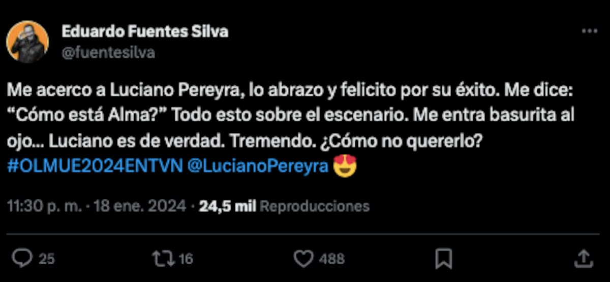 Eduardo Fuentes revela el mensaje que le dio Luciano Pereyra en el escenario del Patagual.
