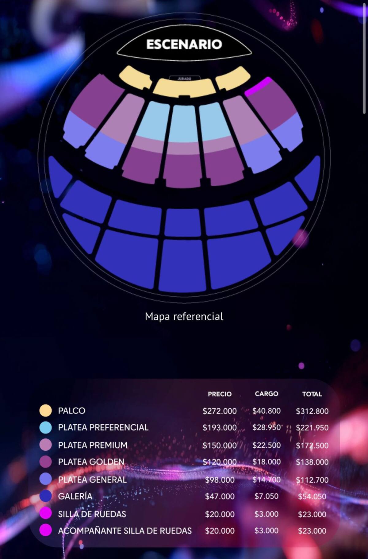 Precios y ubicaciones.
Foto: PuntoTicket