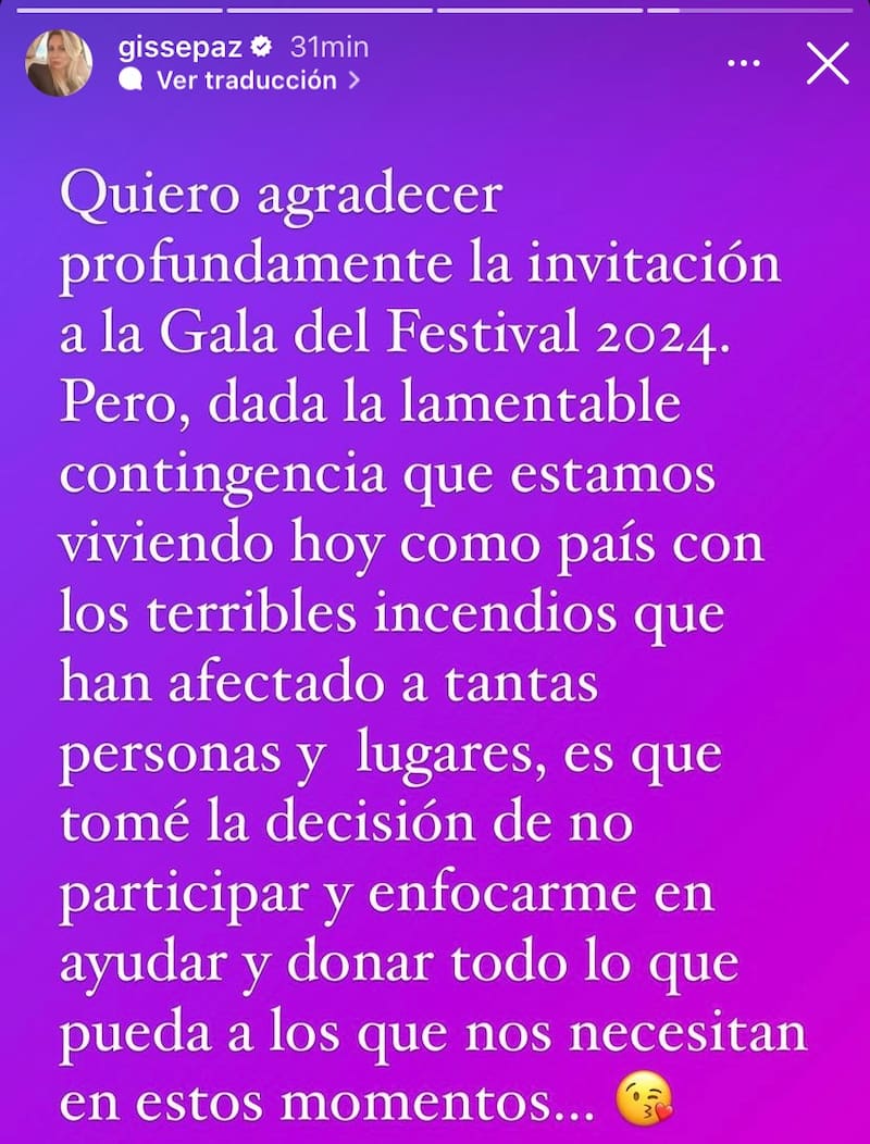 Gissella Gallardo se restó de la Gala del Festival de Viña 2024.
