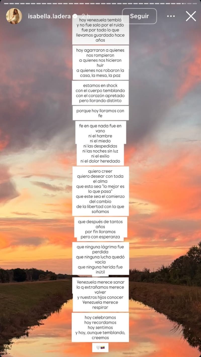 a través de su Instagram comparte extenso mensaje hacia Venezuela.