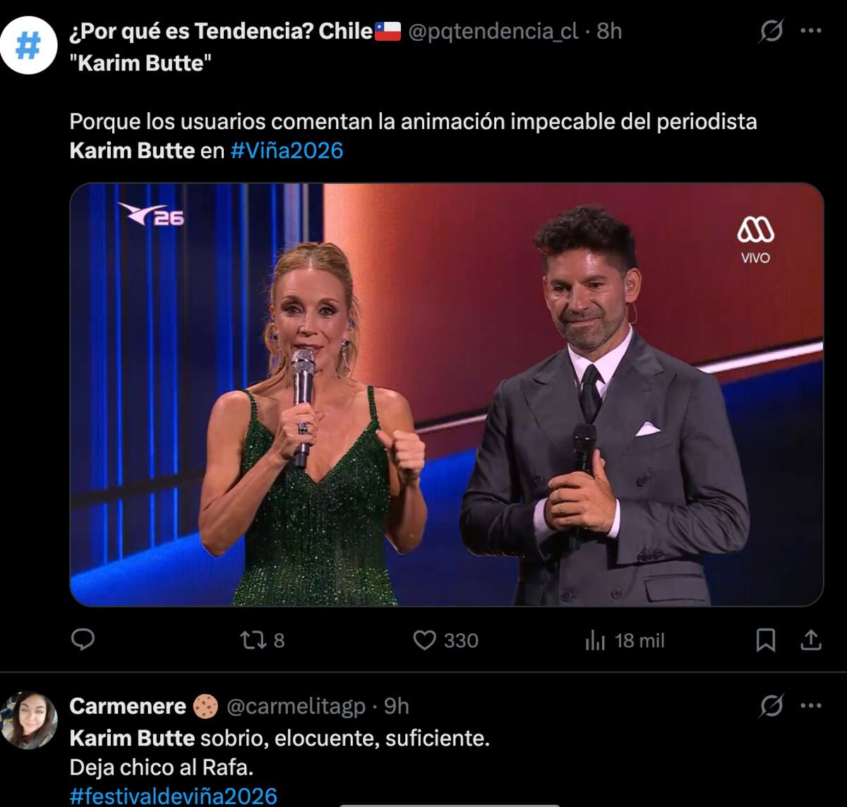 El periodista de Mega fue tendencia por su desempeño impecable en la coanimación del Festival. Foto: X