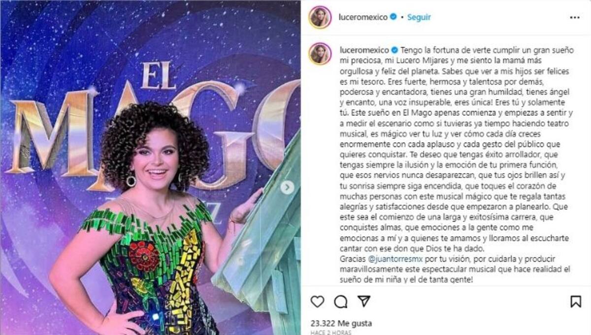 La "Novia de América" dedica emotivo mensaje a su hija Lucerito, tras debut en el teatro.