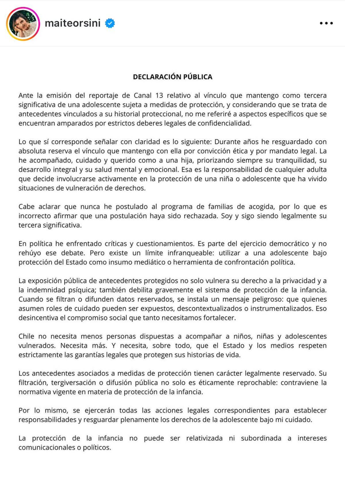 Comunicado a través de Instagram.
Foto: @maiteorsini
