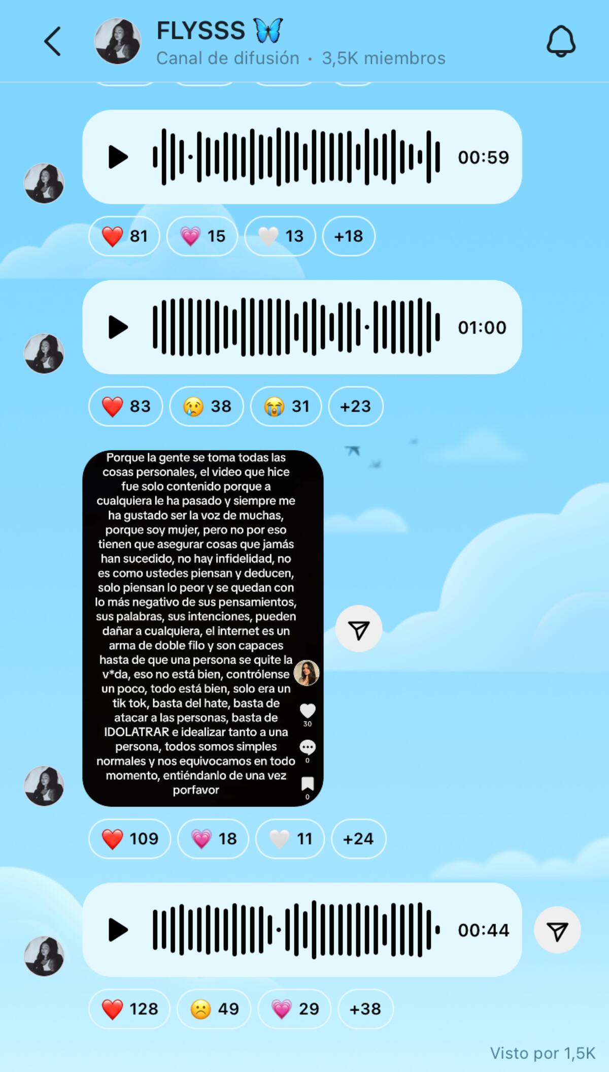 Mariana Bfly dejó audios de explicación en su canal de difusión de Instagram.