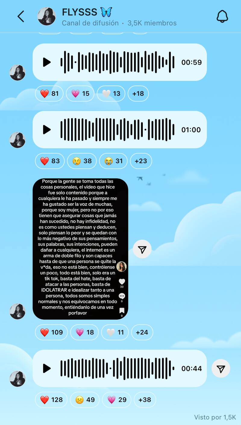 Mariana Bfly dejó audios de explicación en su canal de difusión de Instagram.