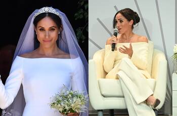 Meghan Markle canaliza su vestido de novia con hermoso look con el hombro al descubierto