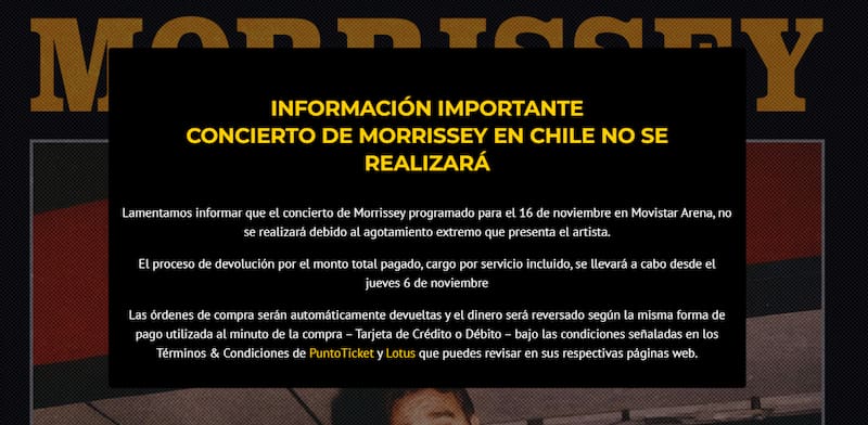 Anuncio de la suspensión del concierto del británico.
