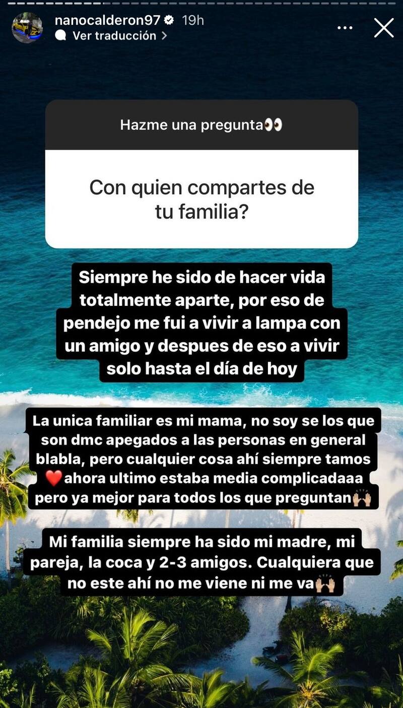 La declaración de Nano Calderón sobre su familia.