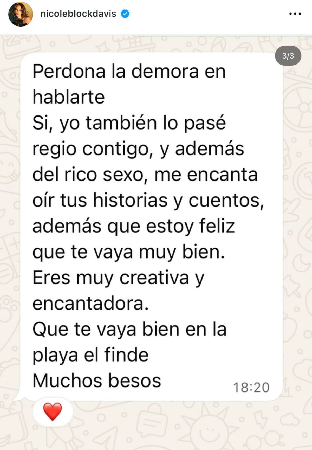 Pantallazos con doctor Vidal.
Foto: Instagram @nicoleblockdavis