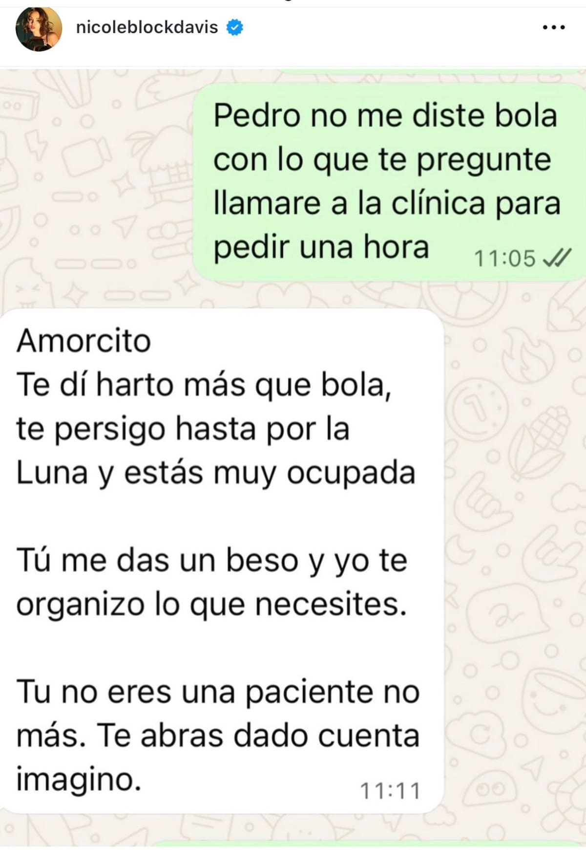 Pantallazos con doctor Vidal.
Foto: Instagram @nicoleblockdavis