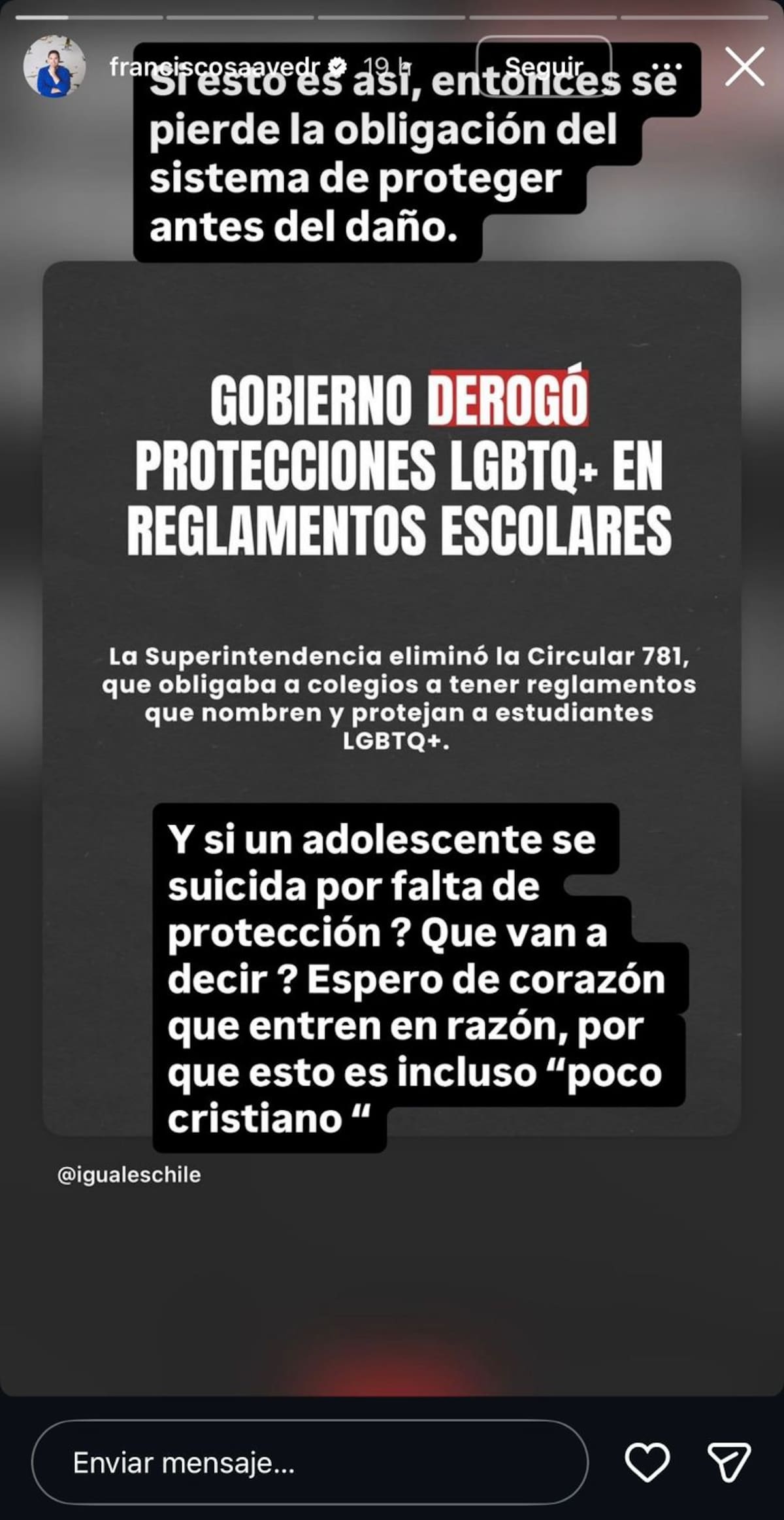 A través de su Instagram cuestionando medidas del gobierno actual.
Foto: Instagram