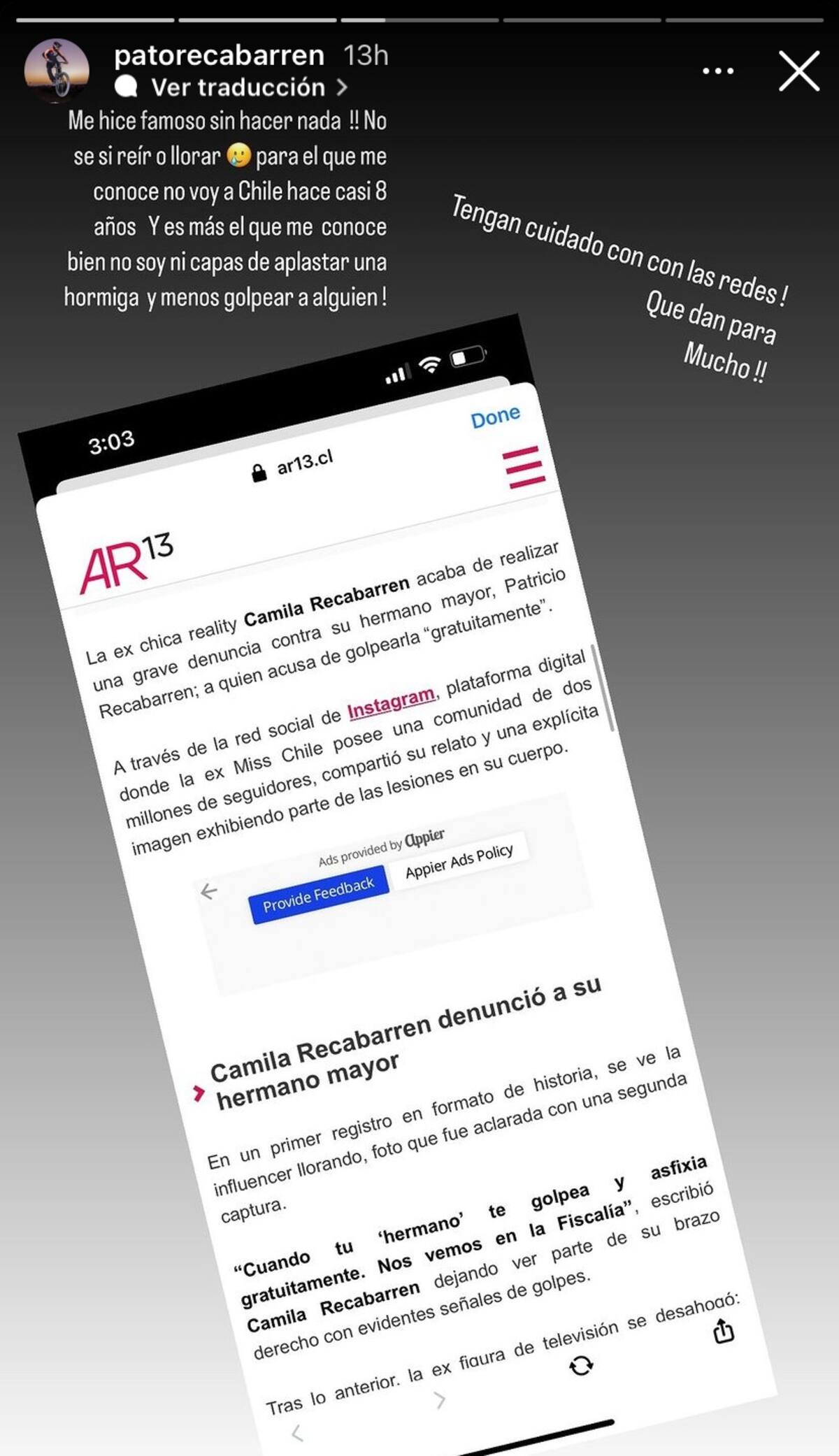 Patricio Recabarren, hermano de Camila Recabarren negó la acusación de violencia.
