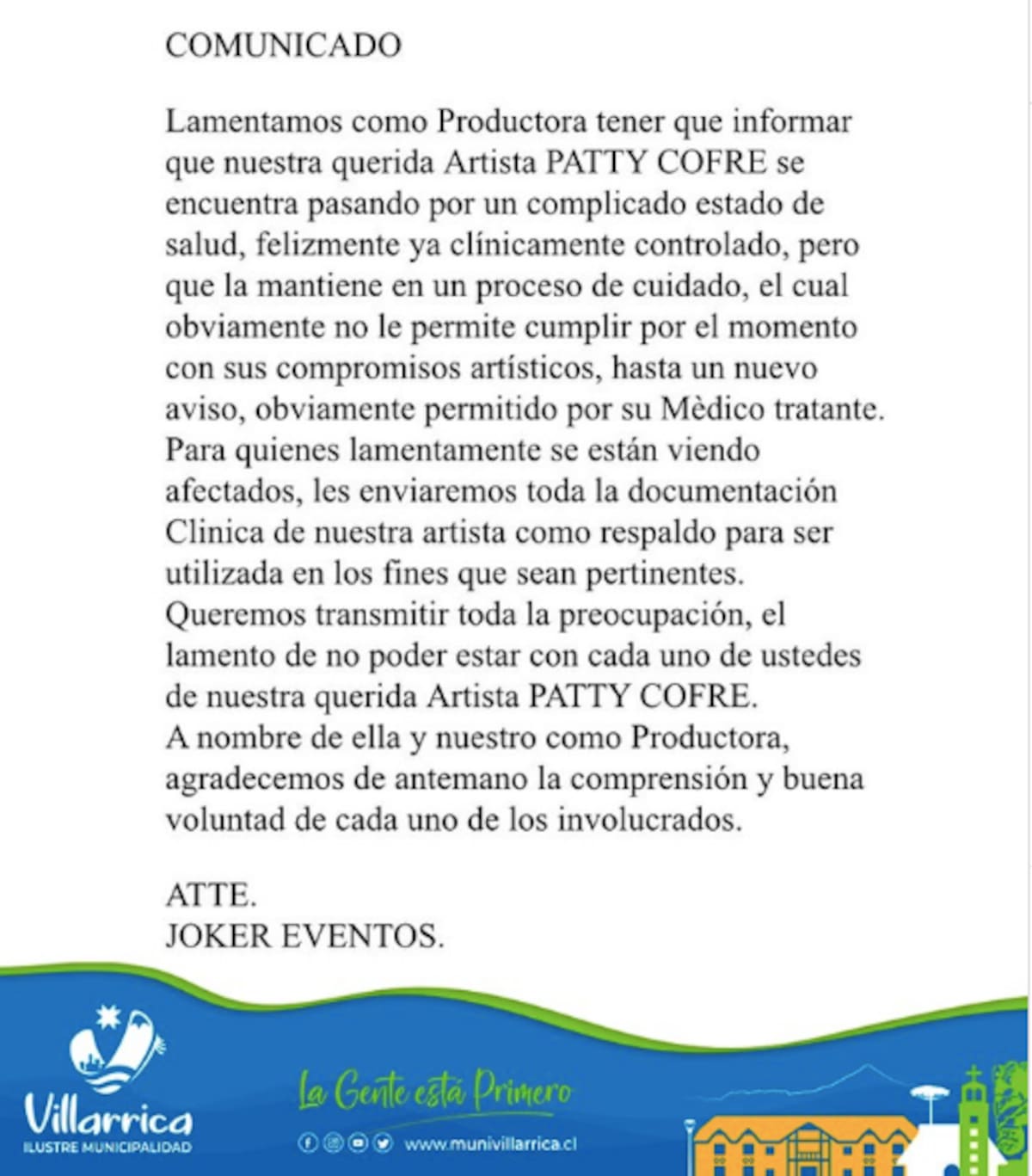 El comunicado donde informaron el delicado estado de salud de Paty Cofré.