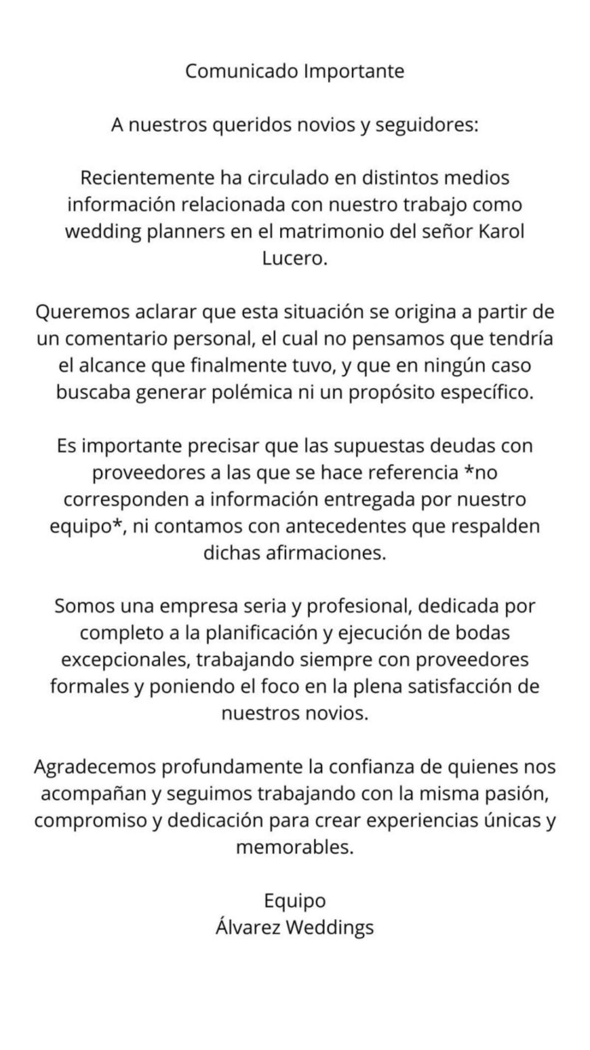El comunicado del planificador de bodas contra Karol Lucero.
