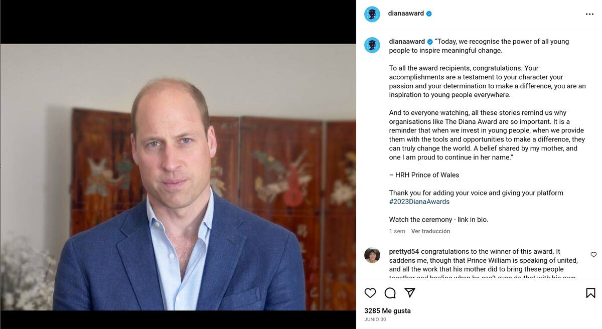 El heredero al trono emitió un mensaje para felicitar a los ganadores del Premio Diana.