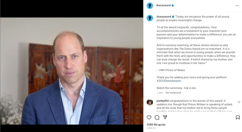 El heredero al trono emitió un mensaje para felicitar a los ganadores del Premio Diana.