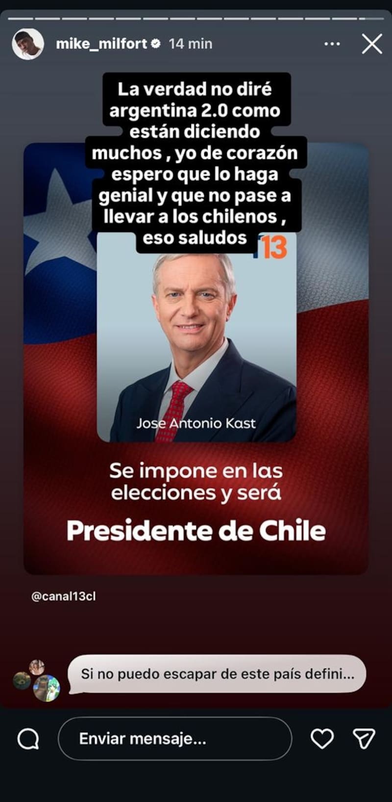 Posteo del exMundos Opuestos, Mike Milfort