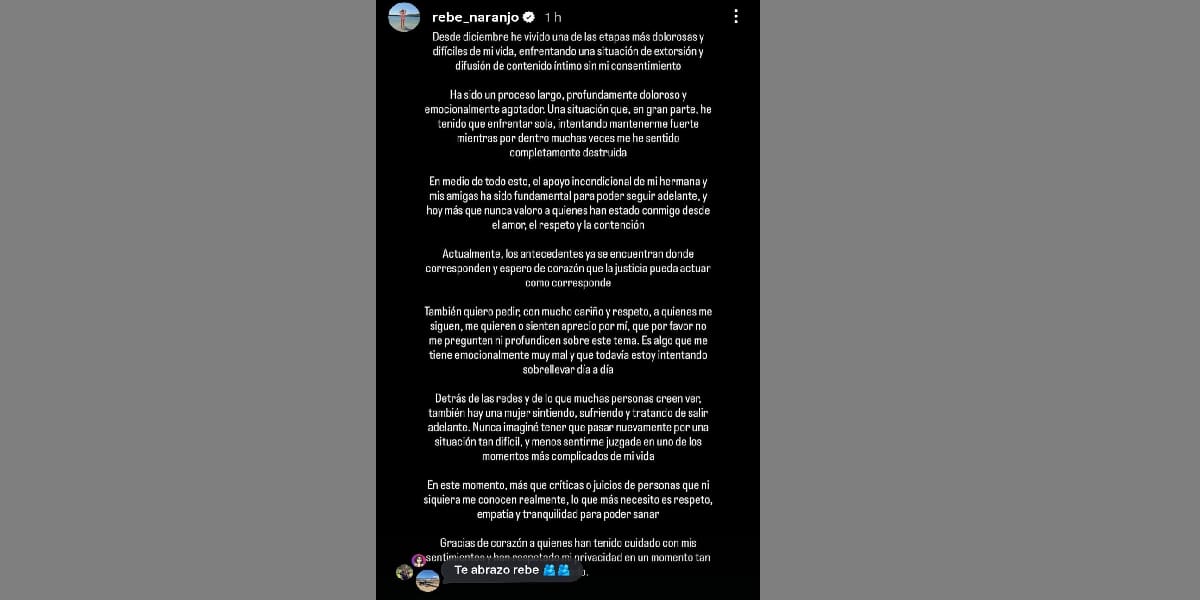 La influencer está siendo extorsionada. Créditos: IG @rebe_naranjo