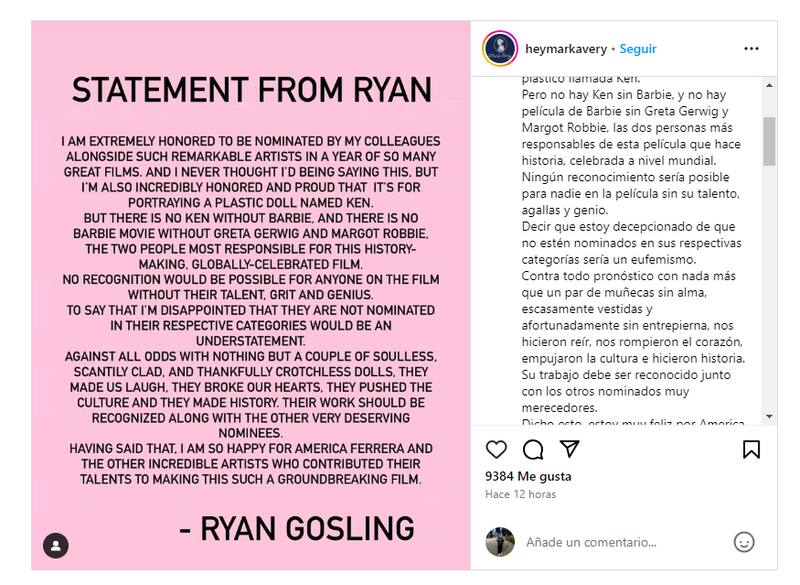 comenta sobre las nominaciones de los Oscar 2024.