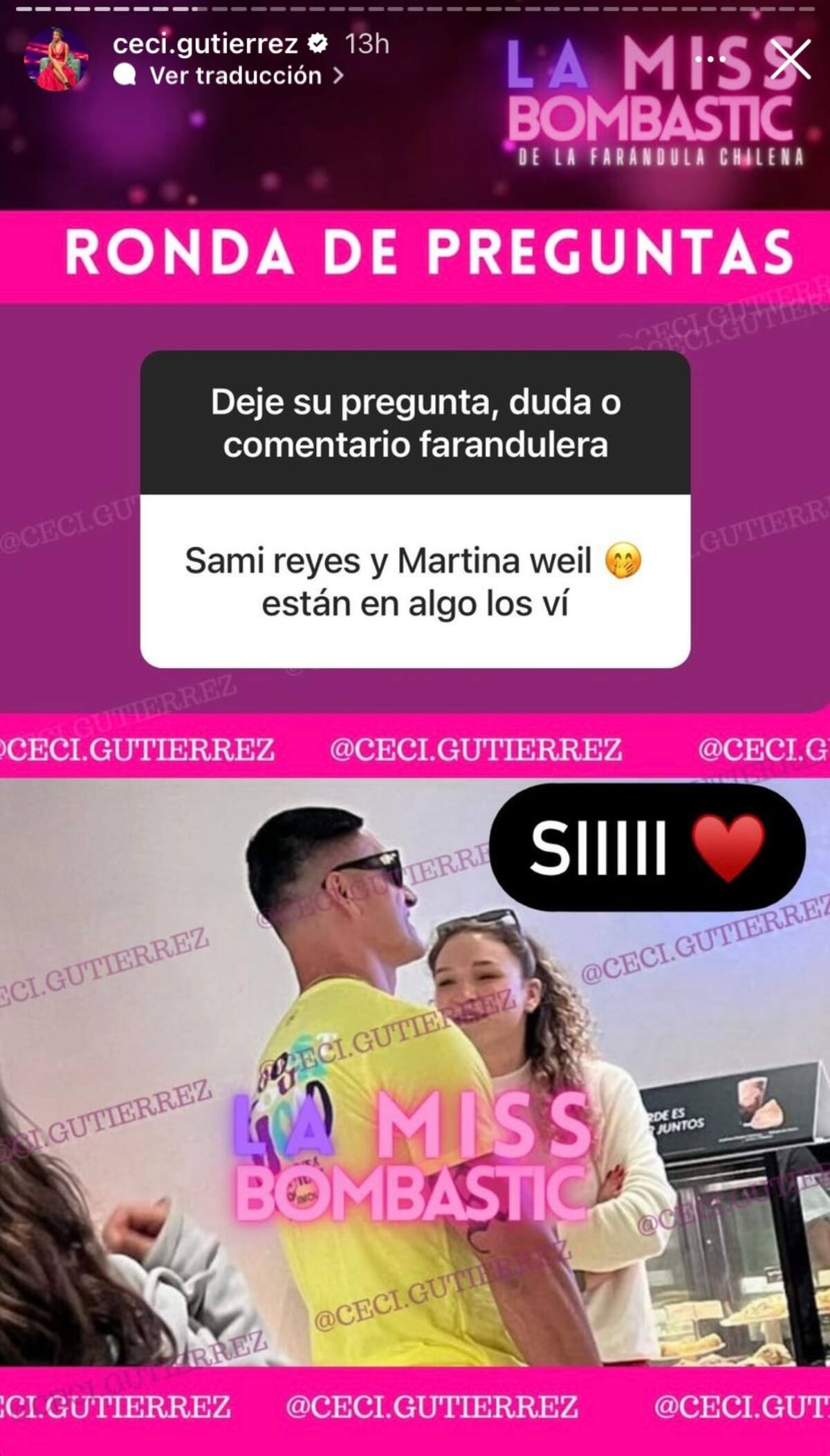 Según reveló Cecilia Gutiérrez, Sammis Reyes y Martina Weil tendrían un romance.