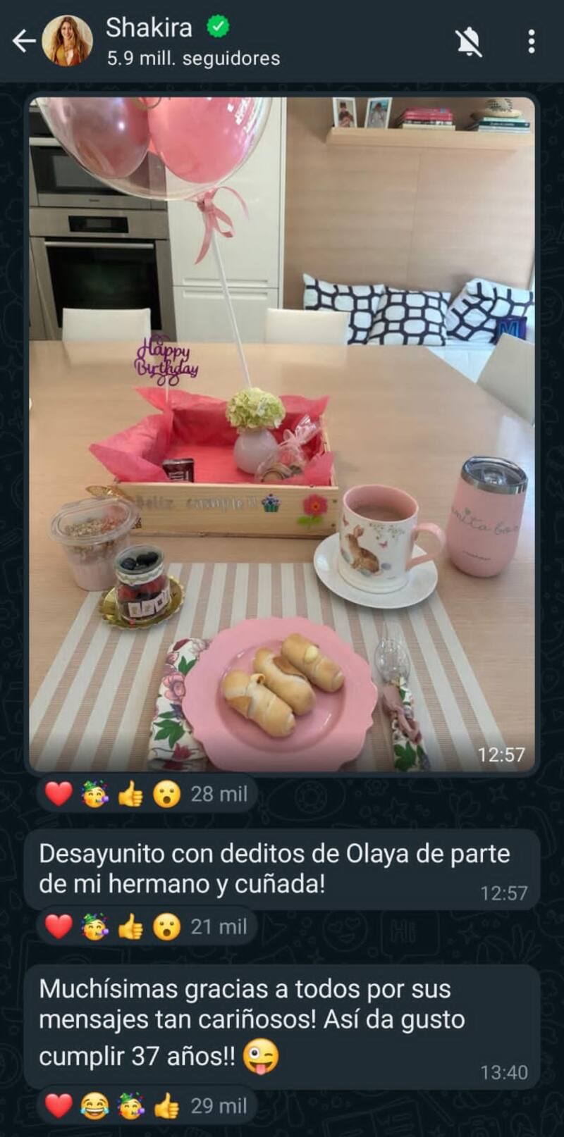 El hermoso desayuno que le regalaron a Shakira. - Créditos: Captura de WhatsApp