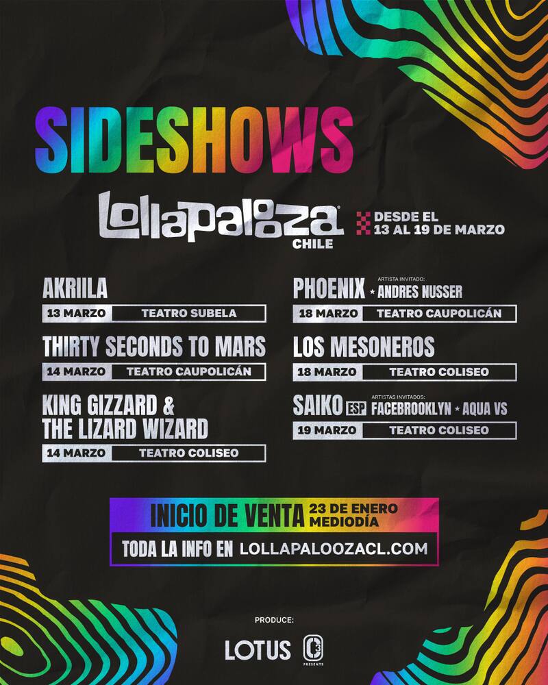 Estos son los artistas del Lollapalooza 2024 que tienen agendados Sideshows.