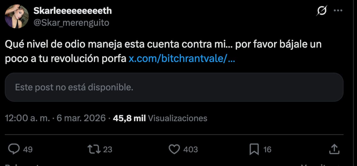 Reaccionó indignada en X (Twitter) a un comentario. Foto: Captura