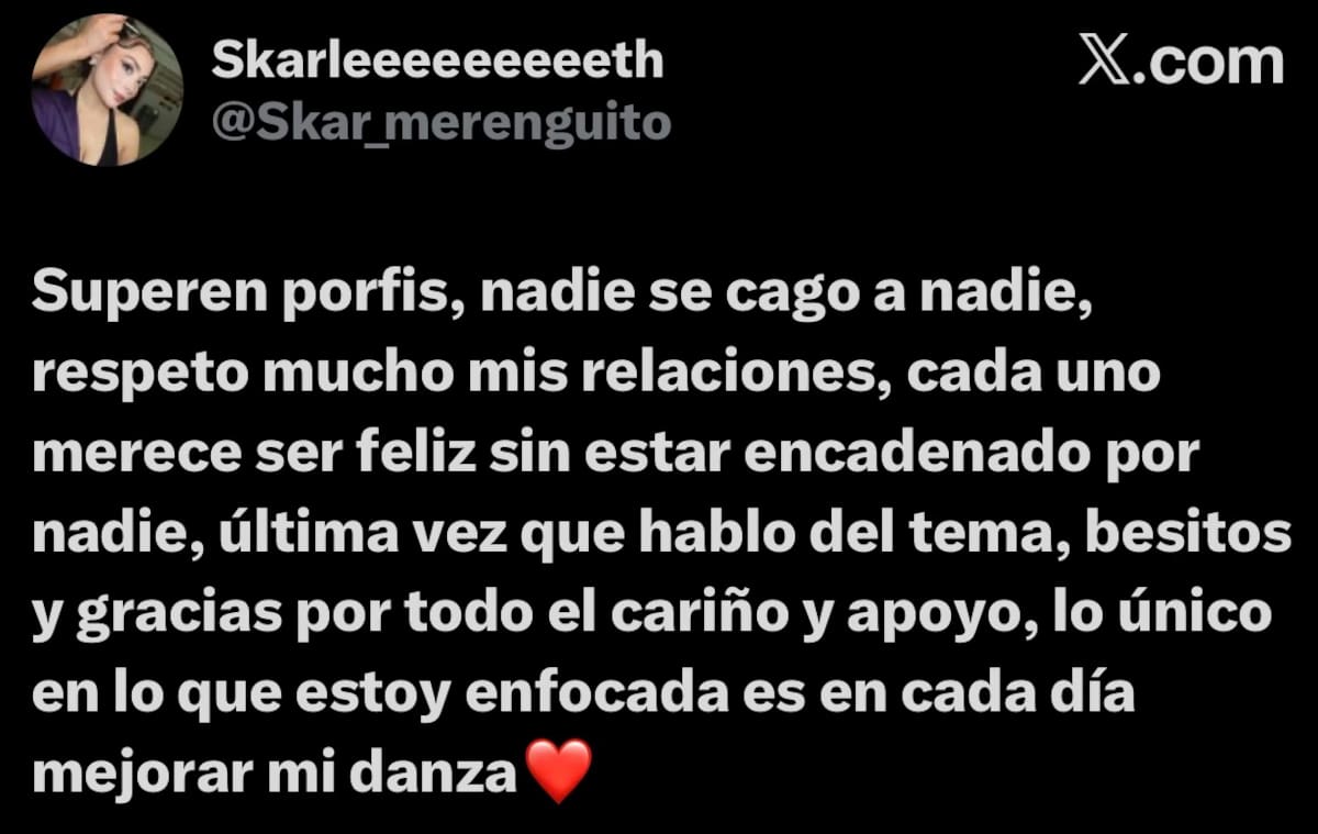 La bailarina usó su X para desmentir la infidelidad a Jorge Aldoney.