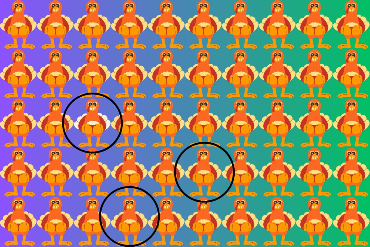 Estos son los tres pavos diferentes en este test visual.