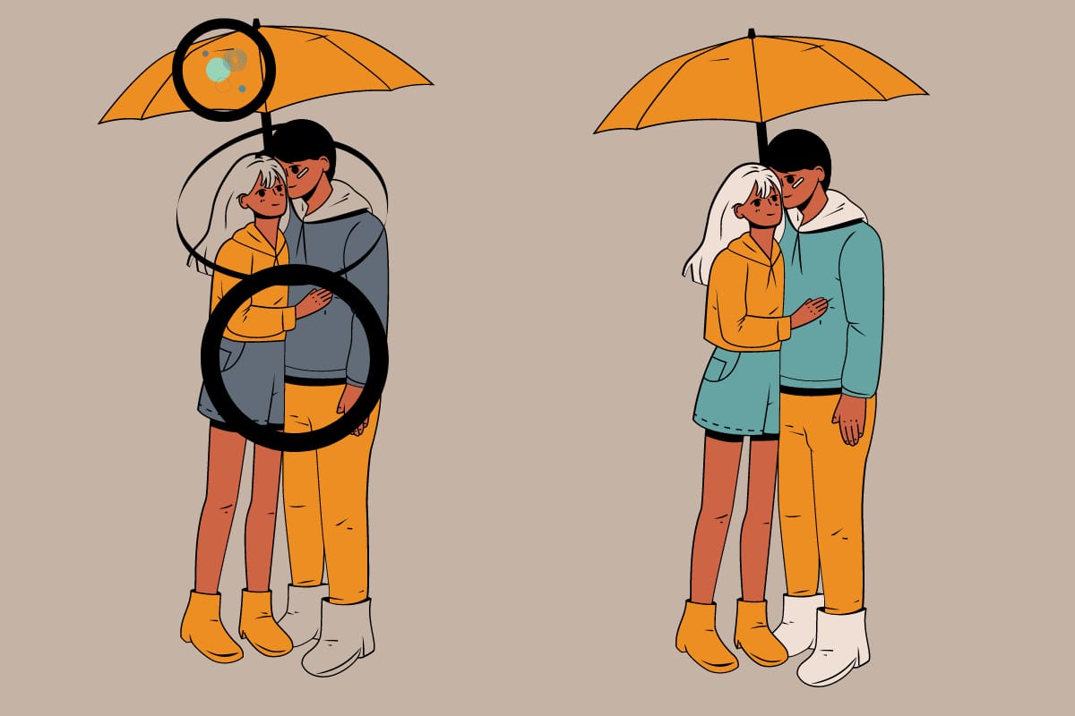 ¡Estas eran las diferencias! El pelo y short de la chica; la capucha y polerón del hombre y por último las manchas en el paragua.