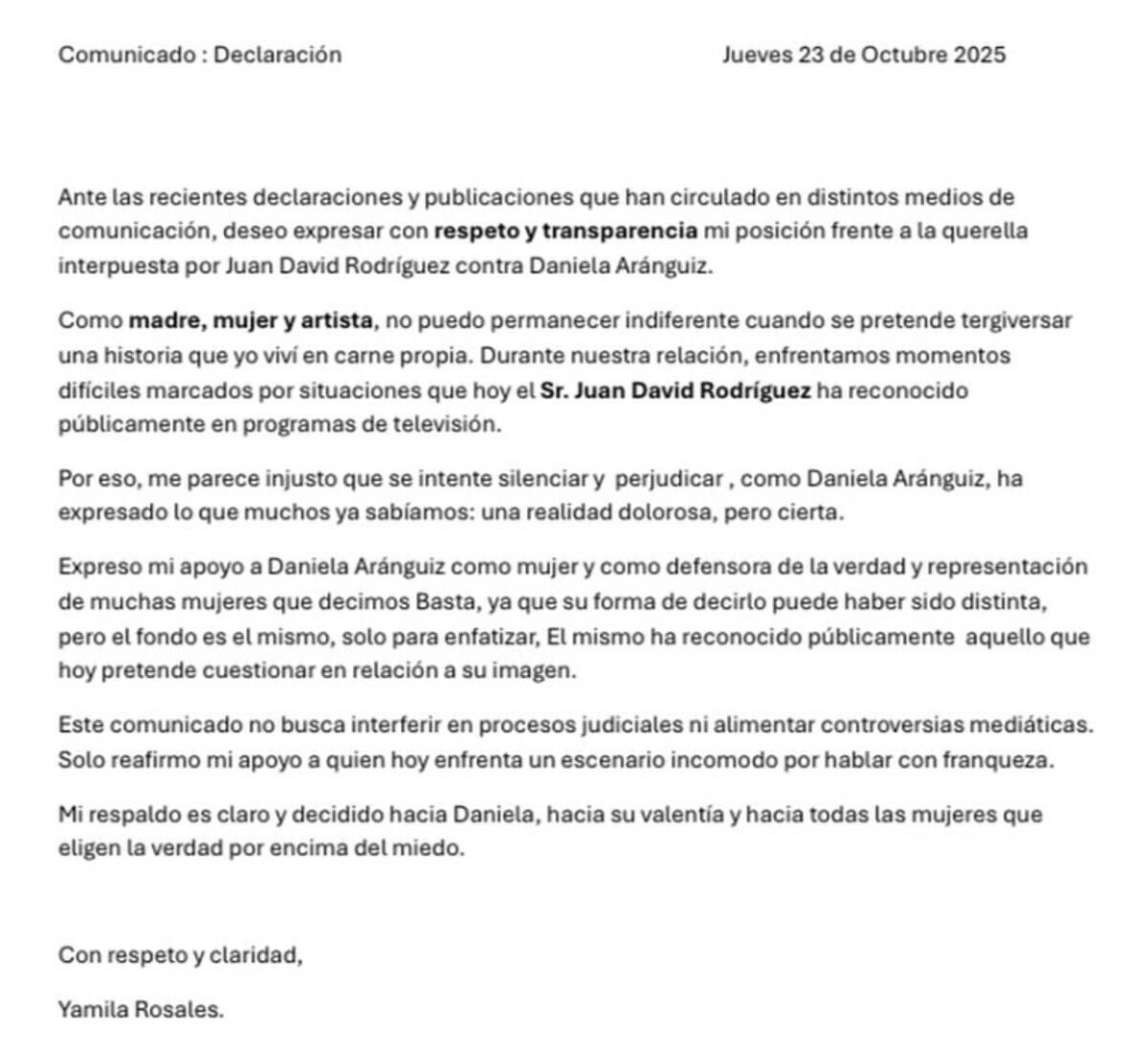 La expareja de Juan David Rodríguez expresó su apoyo a Daniela Aránguiz.