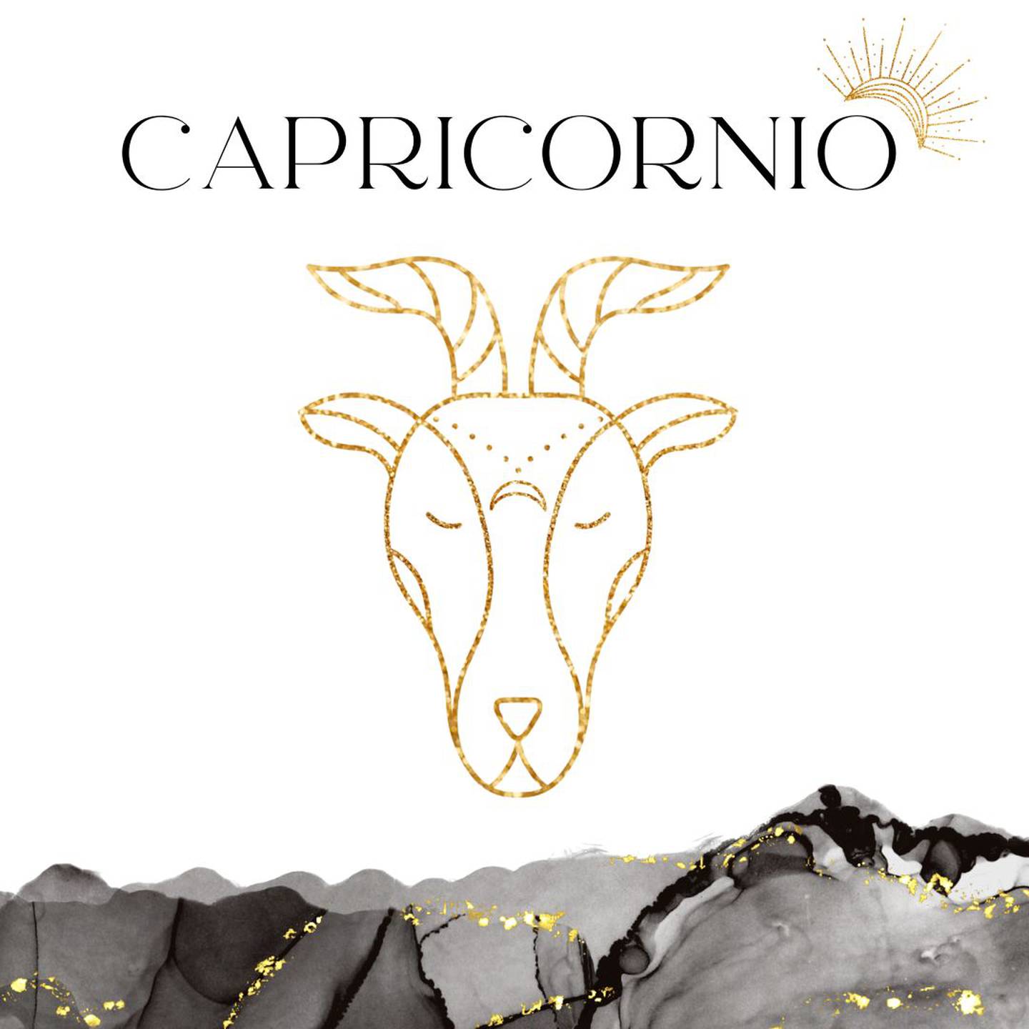 Palabra 'CAPRICORNIO' en letras grandes y negras en el centro. Debajo, símbolo del signo de Capricornio: una cabra dorada.
