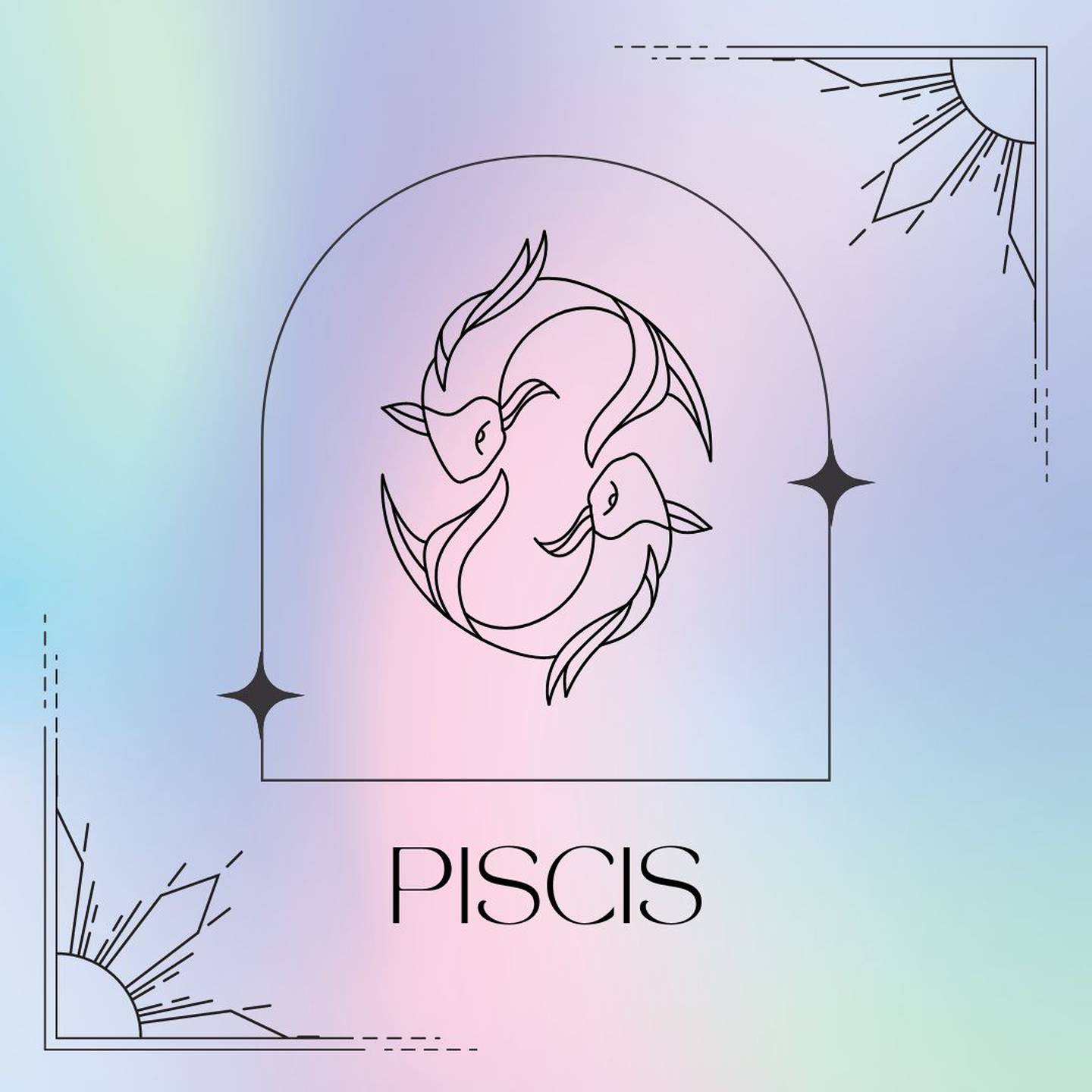 Dibujado en negro, el símbolo de Piscis aparece enmarcado sobre un fondo de suaves colores pastel.