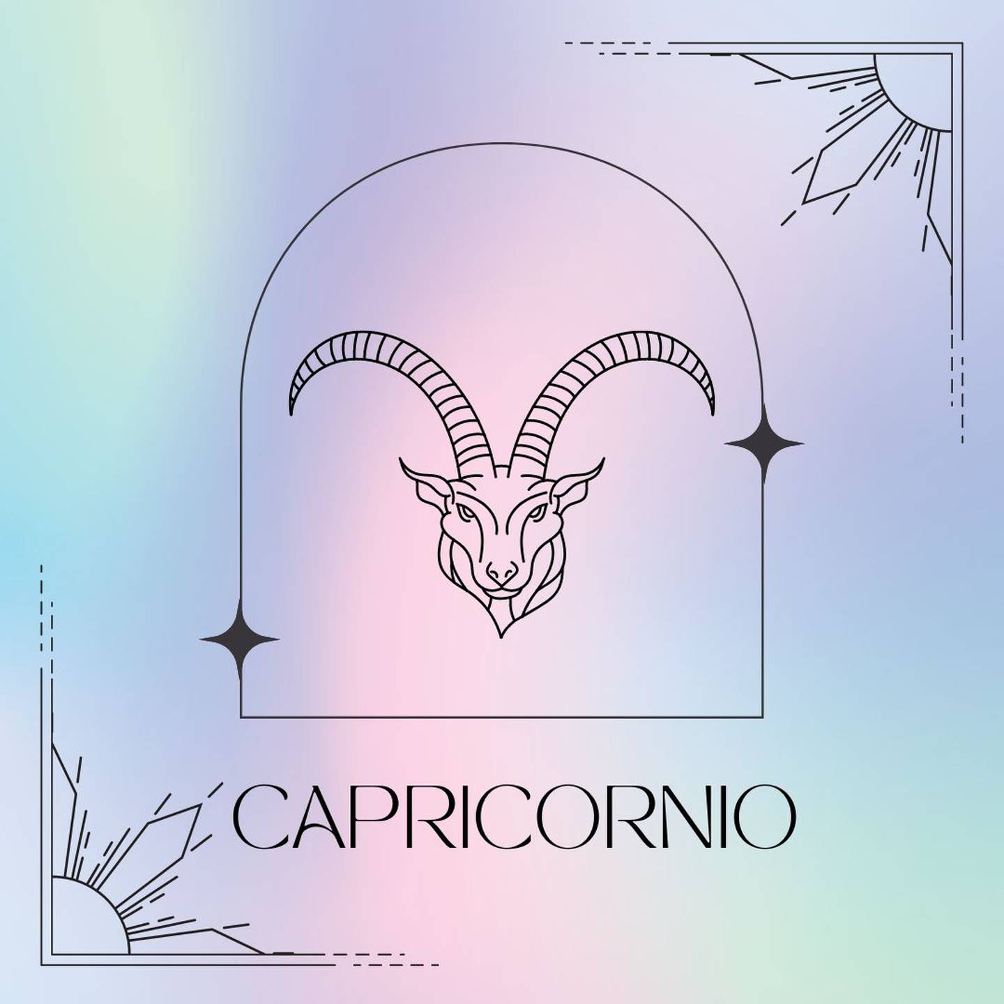 Dibujado en negro, el símbolo de Sagitario aparece enmarcado sobre un fondo de suaves colores pastel.